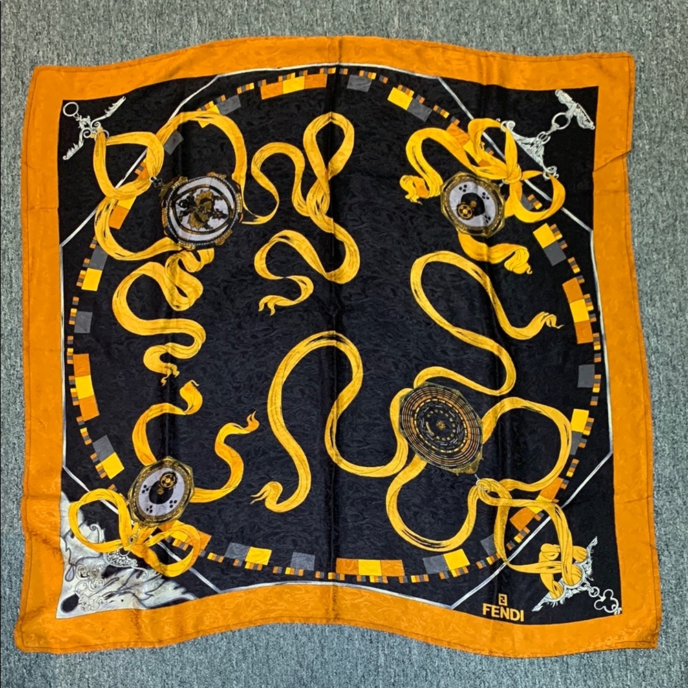 FENDI Large Vintage Black and Orange Silk Scarf 38”x 38”